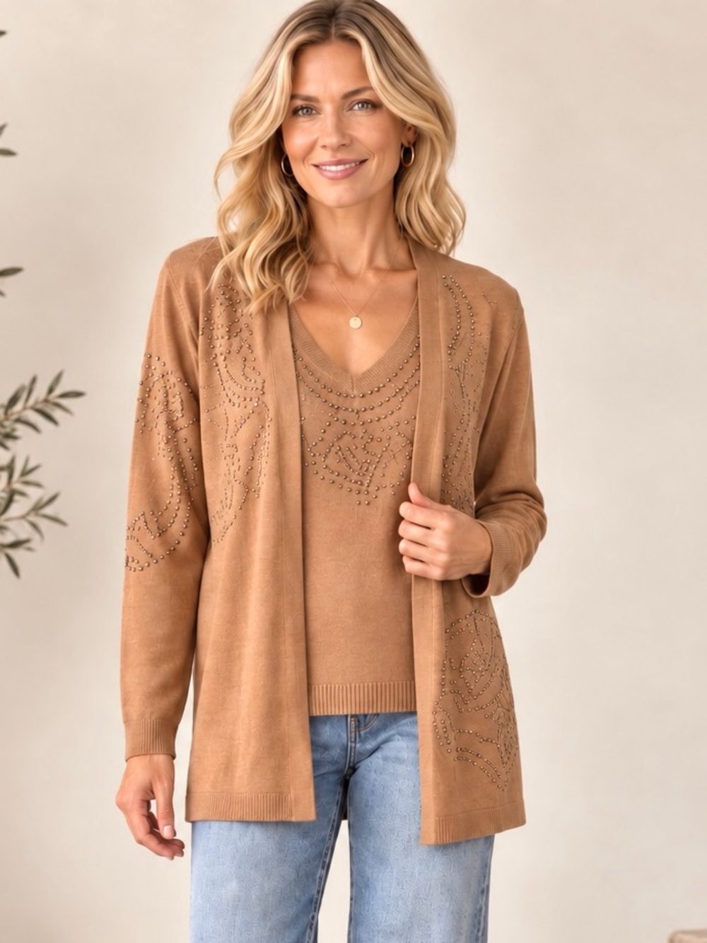 Chico’s Tan Embellished Cardigan & V-Neck Sweater Shell Set Size 3 XL